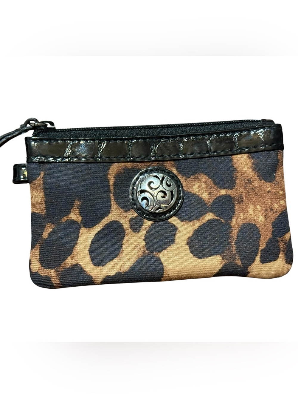 Brighton Leopard Print ID Coin Card Case Wallet Zip Pouch Animal Print Brown